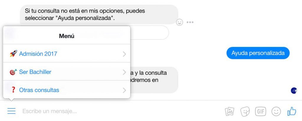 Menú persistente de chatbot de facebook